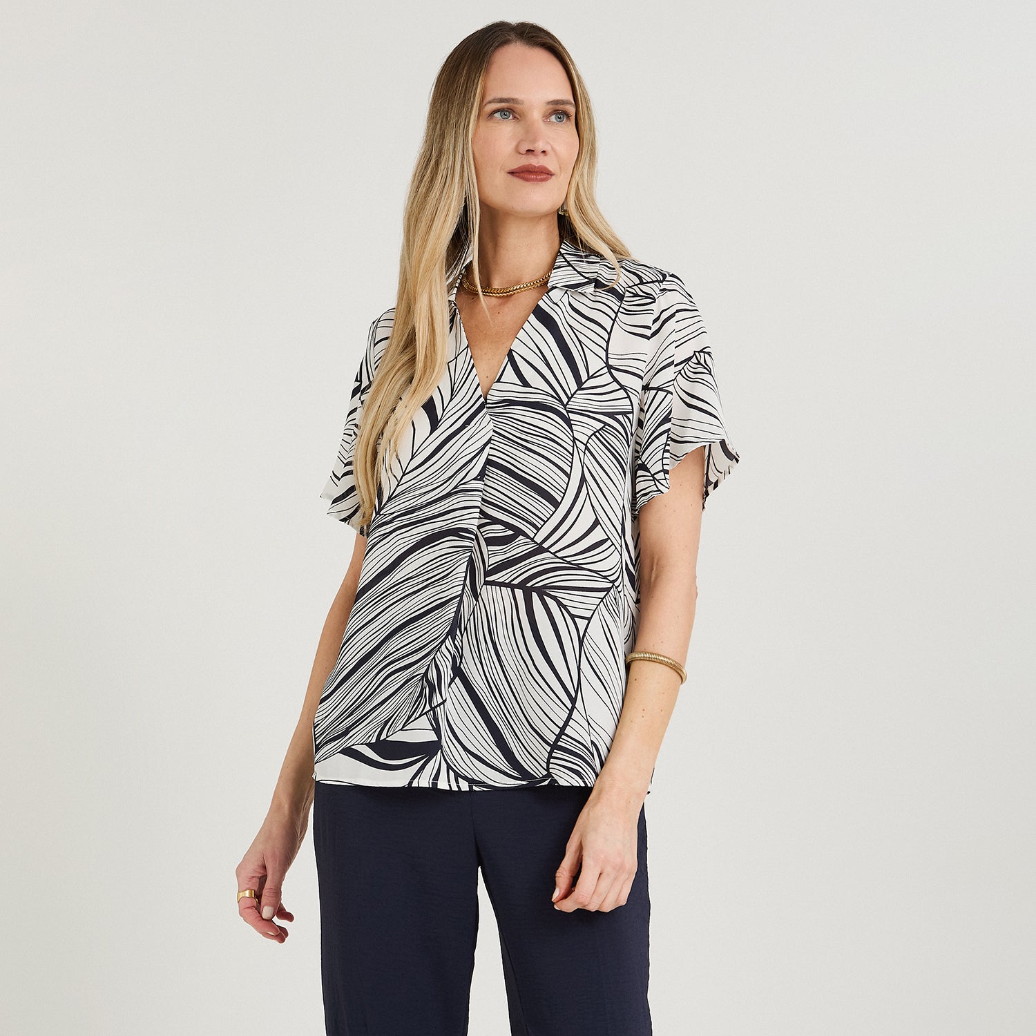 Blusa Manga Corta Cuello Camisero Azul